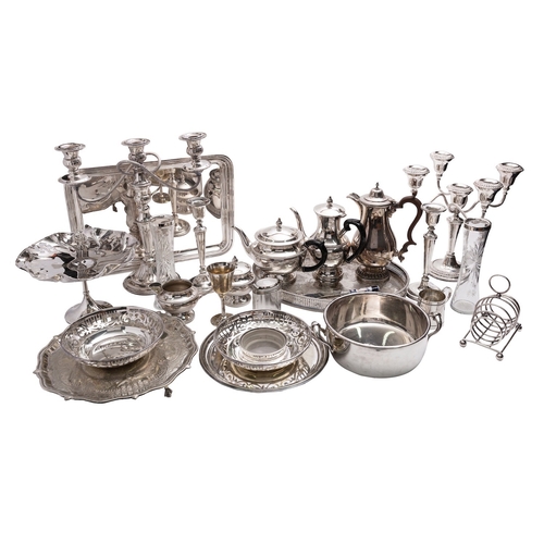 7 - A silver plate on copper candelabrum, mid 20th century, not marked together with a four piece silver... 