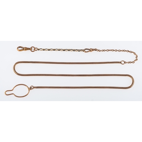 722 - An antique rose gold watch snake chain, with attachment and yellow gold extension,length 48 cm plus ... 