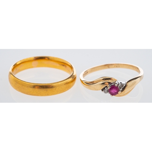 725 - A gold ring set with a small ruby and diamond points ring size k and a gold wedding band, 22 ct, rin... 