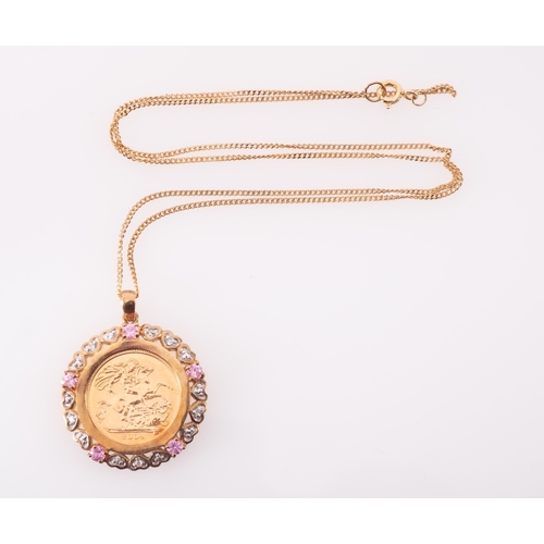 728 - An Elizabeth II half sovereign coin in gold mount with heart form diamond settings and pink sapphire... 