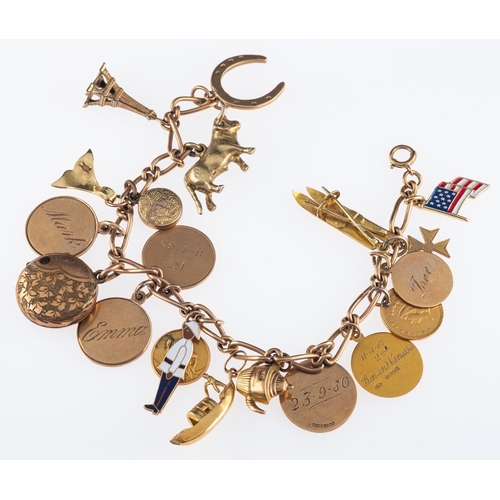 820 - A gold bracelet with charms, including a pair of skis, Eiffel tower, gondola a Victorian locket  and... 