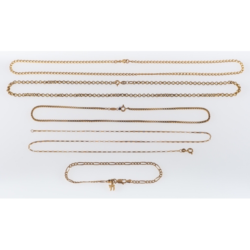 826 - Five gold chains, all 9ct, gross weight 29 grams