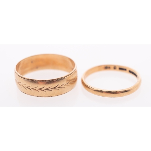 836 - A gold wedding band with leaf form engraving, London 1987 3.8 grams, and a plain 14ct wedding band, ... 