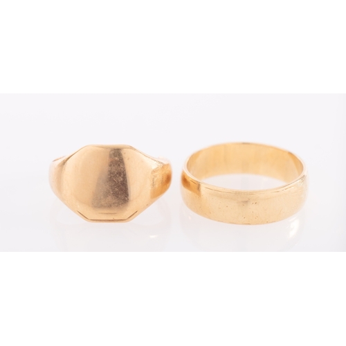 837 - A gold D form wedding band, size P and a signet ring, both 18ct, gross weight 10.7 grams.