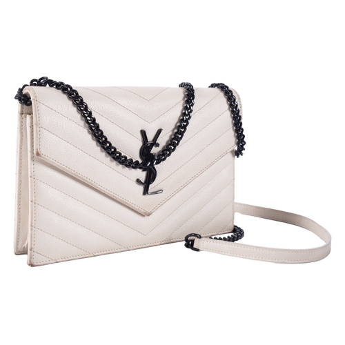 846 - Saint Laurent, white lather evening bag, with fold over front and 'YSL' logo, with black curb link c... 