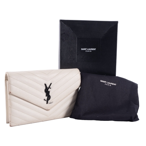 846 - Saint Laurent, white lather evening bag, with fold over front and 'YSL' logo, with black curb link c... 