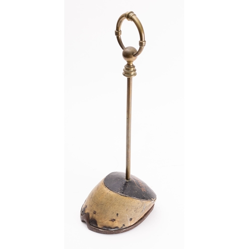 125A - A late Victorian horse hoof doorstop, circa 1900, with painted name 'Charley', a brass ring handle a... 