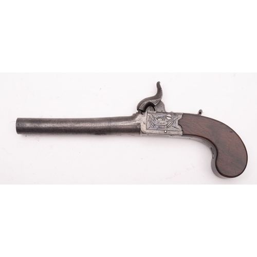 176 - A 19th century percussion cap boxlock pistol by Egg, London, plain 3.5 inch turn off barrel, engrave... 