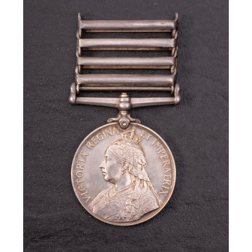 413 - A Queen's South Africa Medal (Ghost dates) with three clasps, '16143 Dr A.Barrett 18th Batt. RFA'