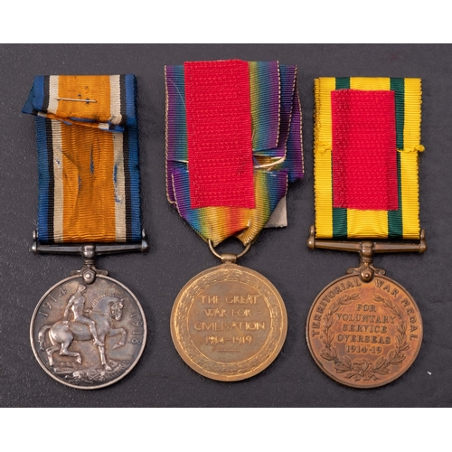 421 - A WWI trio consisting of War medal, Victory Medal, and Territorial Force Medal '1455 Pte W.Howe Som.... 