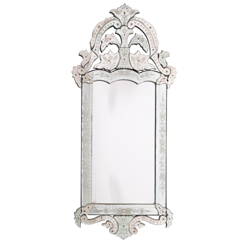 1024 - A pair of etched glass wall mirrors in Venetian style, 20th century; the openwork scrolling foliate ... 