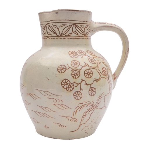 108 - A North Devon slipware jug by Edwin Beer Fishley  the cream slip sgraffito decorated with a sailing ... 