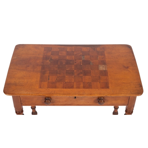 1113 - A Victorian walnut and parquetry games table, circa 1870; rectangular top inlaid with chequer board,... 