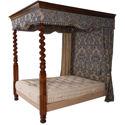 1123 - A mahogany and fabric adorned four-post bed, elements late 19th century and later adapted; with moul... 