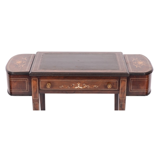 1140 - A Victorian rosewood and ivory strung writing table, late 19th century; the rectangular top with ins... 