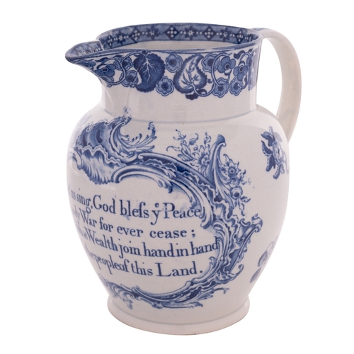 117 - An early 19th century blue and white pearlware jug possibly commemorating the Peace of Amiens inscri... 