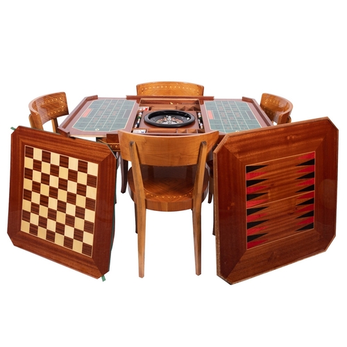 1190 - A Sorrentoware walnut and marquetry games table with four chairs en suite, 20th century; the square ... 