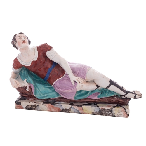 120 - A Staffordshire pearlware figure of Mark Anthony probably Enoch Wood modelled recumbent, wearing a b... 