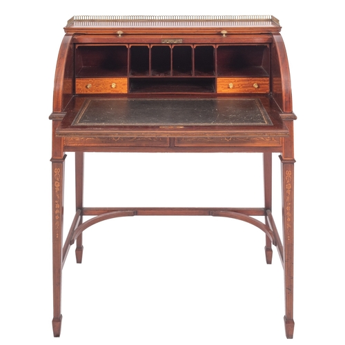 1207 - A late Victorian or Edwardian mahogany and marquetry rolltop desk in Napoleon III taste, circa 1900;... 