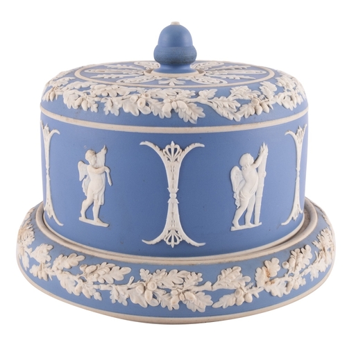 124 - A pale blue jasper ware stilton dome, with an acorn knop, the exterior sprigged in white with putti ... 