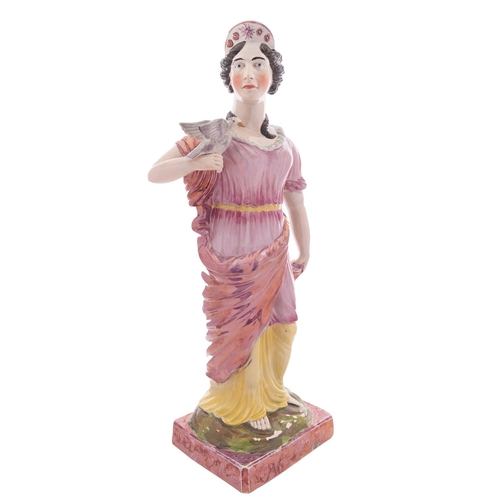 125 - A very large Staffordshire pearlware figure of Venus wearing pink lustre and yellow flowing robes, h... 