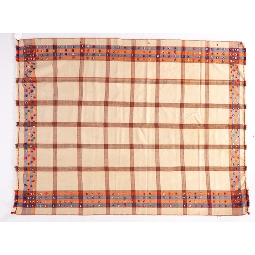 1289 - A Jajim Kilim, the ivory field with an oblong chequer design, enclosed by a blue and orange multi li... 