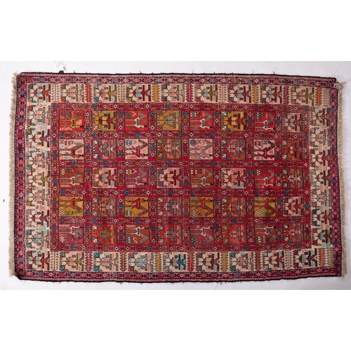 1298 - A Soumak park silk Kilim, the rose compartmented field with stylised birds and geometric designs, en... 