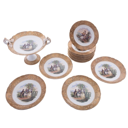 132 - An F & R Pratt pottery dessert service colour transfer printed with romantic pastoral vignettes with... 