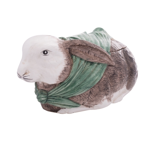 136 - A large pottery 'rabbit' tureen and cover in the form of a rabbit wearing a green scarf, 20th centur... 