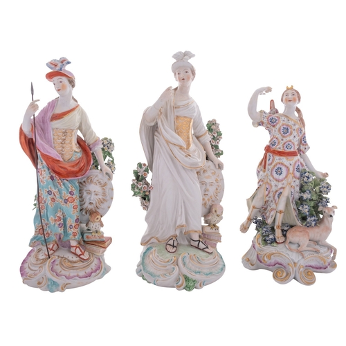 159 - A group of three Derby figures comprising two depicting Minerva, the goddess of Wisdom, each with a ... 