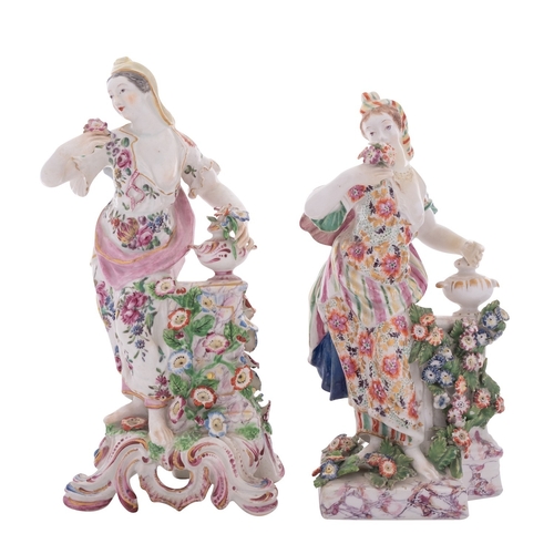 160 - Two Bow porcelain figures of Flora emblematic of Smell from the Five Senses holding posies and paint... 