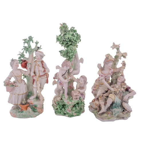 165 - A group of three Derby figural groups, circa 1770-75 all with tree stump bocage supports and mound b... 