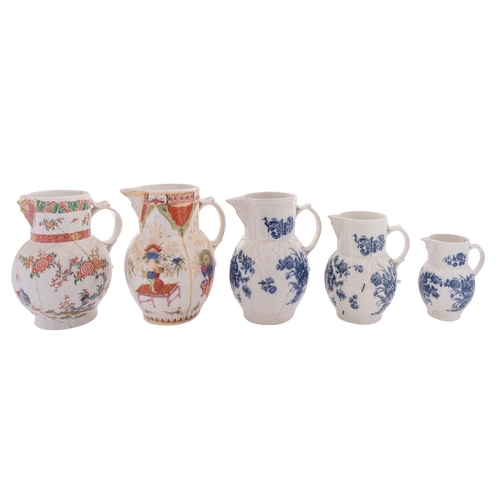 167 - A group of five Caughley and Worcester cabbage-leaf mask jugs comprising three Caughley blue and whi... 