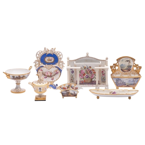 177 - A group of early 19th century English porcelain including four letter/card racks, 6.5-21cm; a Flight... 