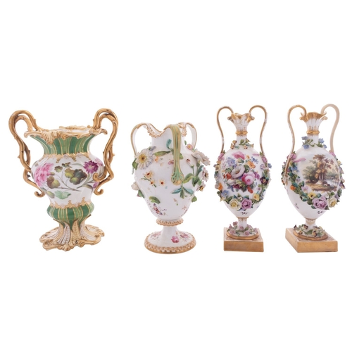 179 - A group of Coalbrookdale-style porcelain circa 1835-50 comprising a pair of flower encrusted double-... 