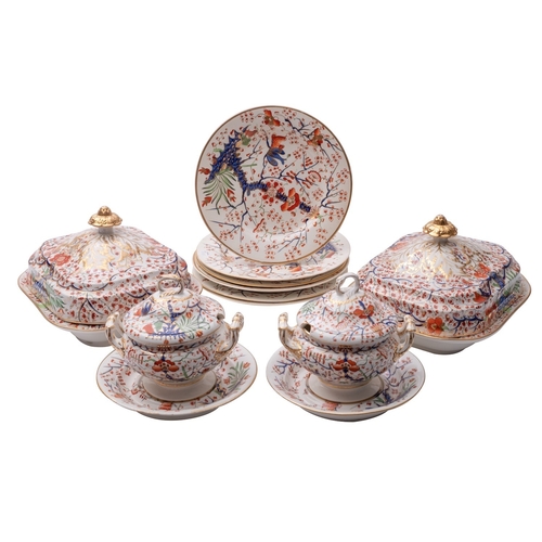 182 - A group of early 19th century Chamberlains Worcester and Derby Japan pattern porcelain dinner wares ... 