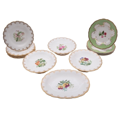 183 - A 19th century English porcelain part dessert service each piece painted with a botanical vignette w... 