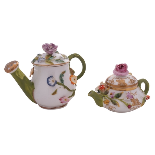 185 - A Minton flower-encrusted miniature teapot and cover and a Coalport rose water sprinkler and cover b... 