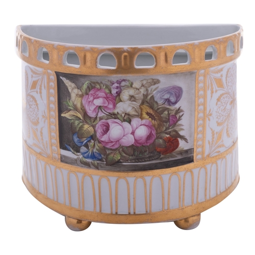 191 - A large Enoch Wood porcelain D-shaped bough pot with pierced gallery and on bun feet, painted with a... 