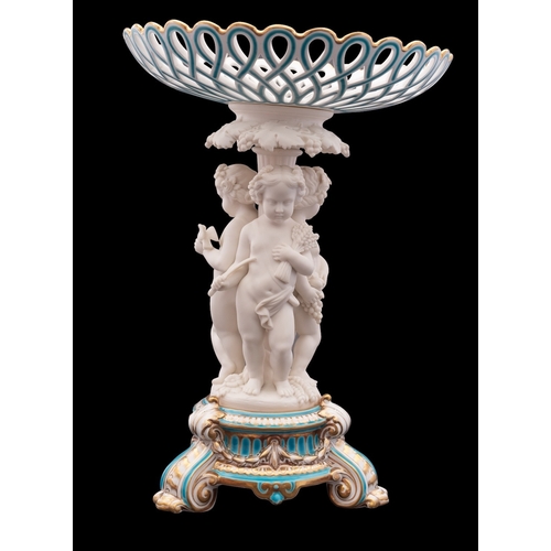 194 - A Minton bone china and parian tazza/centrepiece decorated in turquoise enamels and gilt, the pierce... 