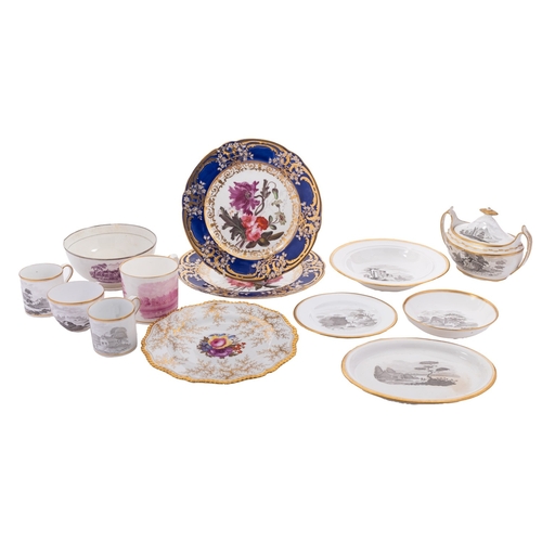 198 - A group of bat printed tea wares, two Coalport and one Worcester plate.