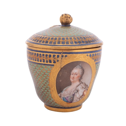 210 - A Russian Imperial Porcelain-Factory cup and cover painted with a portrait of Catherine the Great on... 