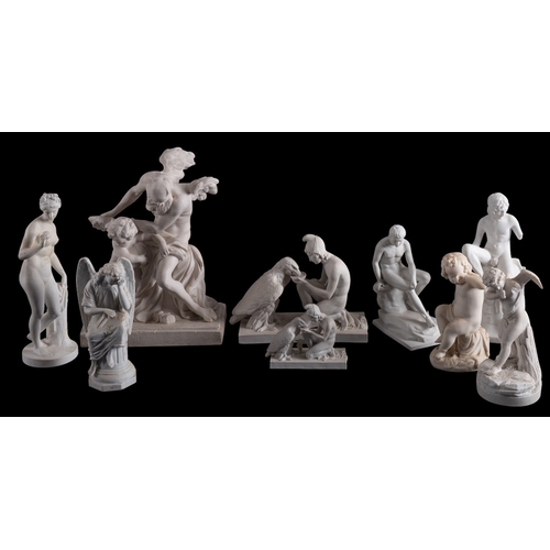 214 - A group of four Royal Copenhagen parian figures together with five other parian figures including Ga... 