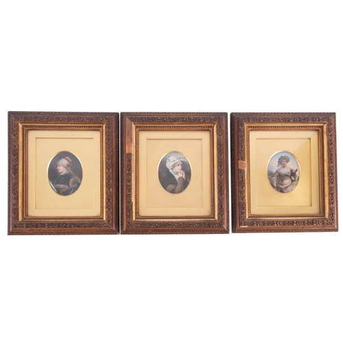 217 - Three Continental porcelain oval plaques, each painted with a female portrait, 8cm high, mounted and... 