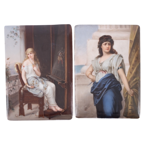 220 - A pair of German porcelain rectangular plaques in the Berlin manner, each painted with a classical b... 