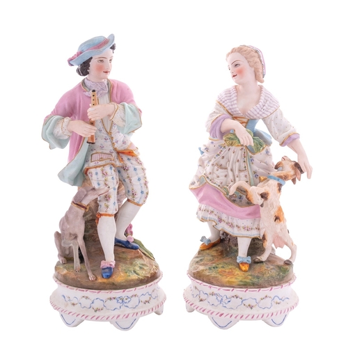 228 - A pair of French bisque porcelain models of a gallant and companion wearing period dress, he with a ... 