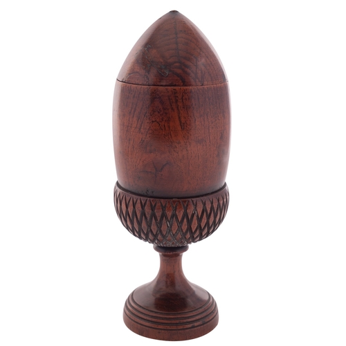 253 - A George III turned treen cup and cover, late 18th century; modelled as an acorn in a cross-hatched ... 