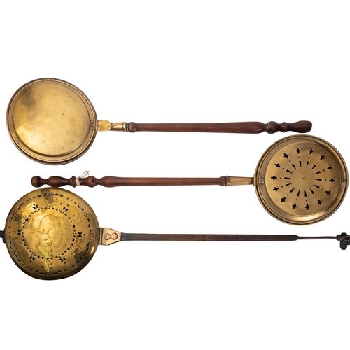 261 - A collection of six various brass and copper warming pans, 18th and 19th century; a George III examp... 