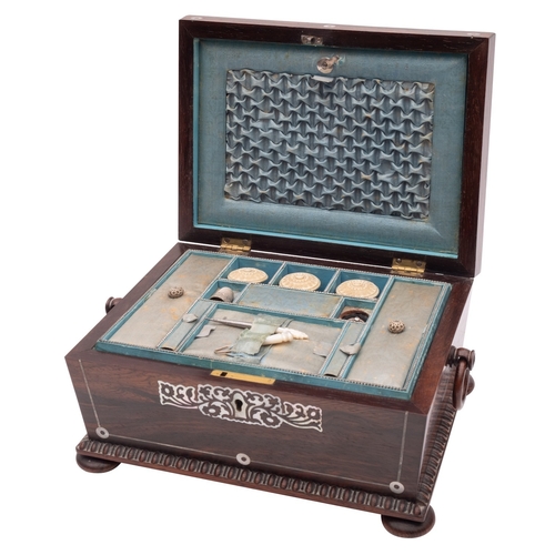 287 - An early Victorian mother of pearl inlaid rosewood sewing box of sarcophagus form with loose ring ha... 