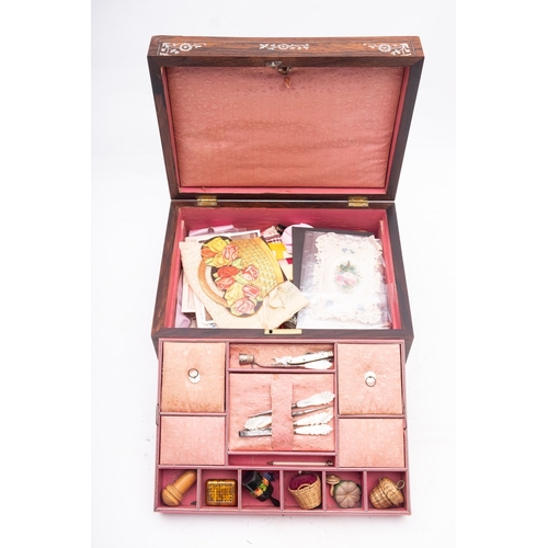 290 - A Victorian mother-of-pearl and rosewood sewing box the lid and front inlaid with a swan and floral ... 